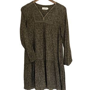 Indi & Cold San Sebastian Dress XS Eyelet Ruffle Peasant Gold Piping Olive Green